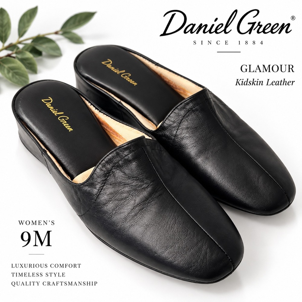 Daniel Green Kidskin Leather Slippers Womens 9M Black Wedge Slide 40100-001